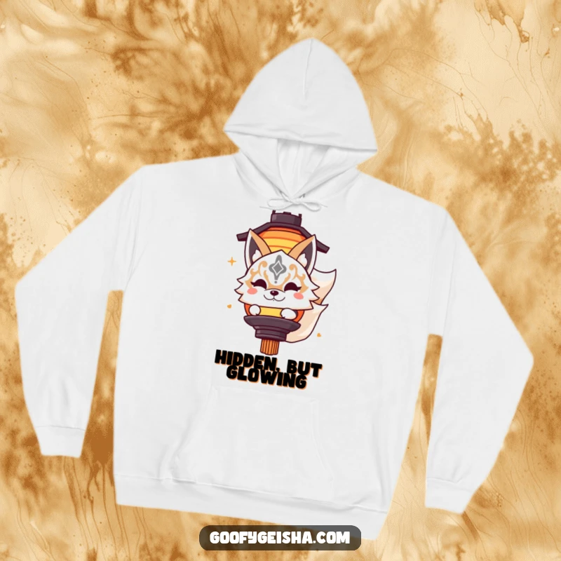 Funny hoodie featuring a cute Kitsune masked character playfully peeking from behind a lantern, offering cozy comfort and a playful vibe.