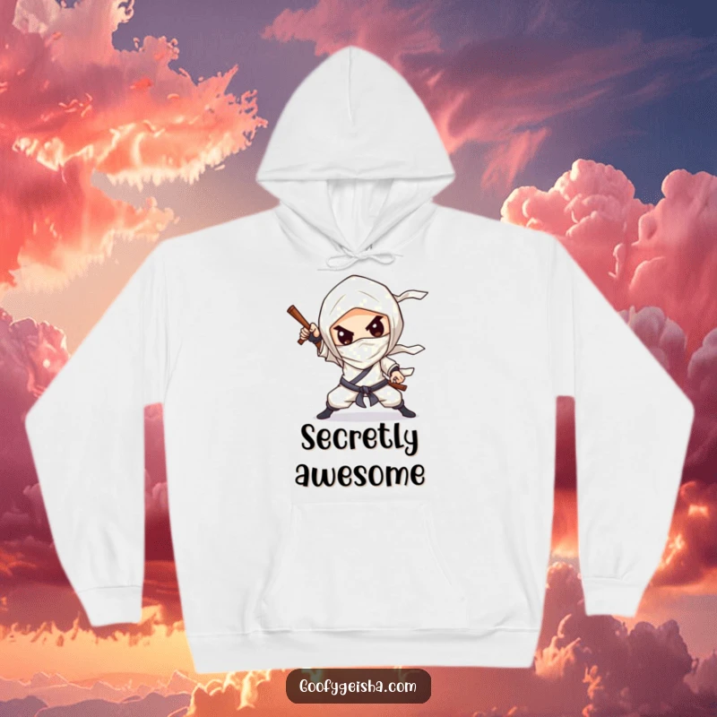 Funny Hoodie: Cute chibified character striking a dramatic ninja pose with a silly grin, ready for anything.