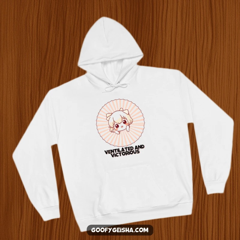 Funny hoodie depicting a sweet character hiding behind a large fan, extending a friendly wave to all.