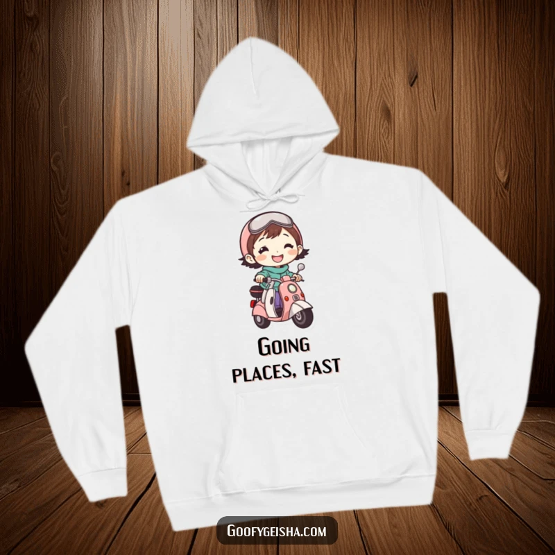 Funny hoodie featuring a charming, grinning character confidently riding a small scooter, perfect for cozy, humorous lounging.
