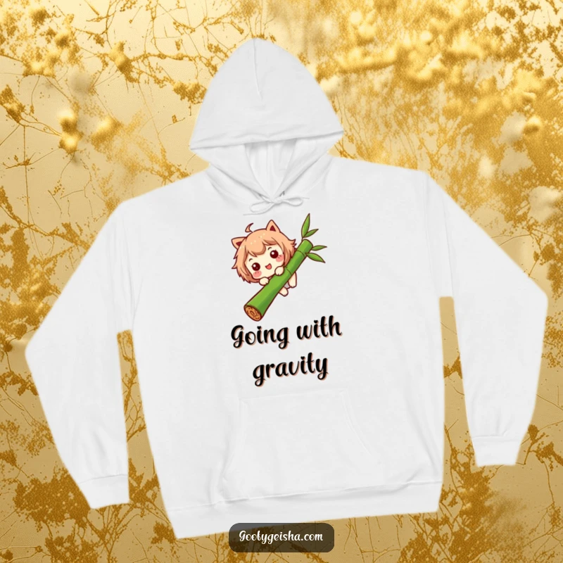 Funny hoodie featuring a character with a funny expression sliding down a bamboo stalk, perfect for cozy, humorous lounging.