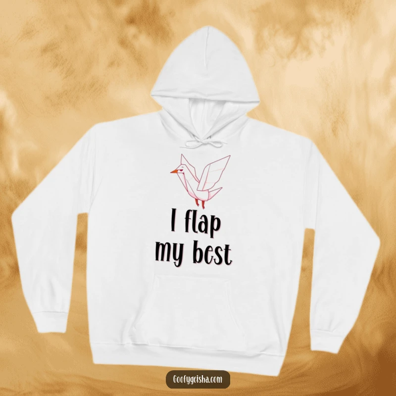 Funny hoodie featuring a cute origami crane character joyfully flapping its wings, offering warmth and a symbol of hope and serenity.