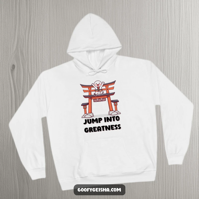 Funny hoodie with a character joyfully leaping energetically over a stylized Torii gate, offering warmth and a cheerful vibe.