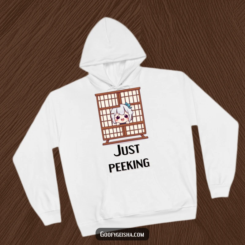 Funny Kawaii Hoodie: Character giggling behind Shoji screen, offering cozy comfort and quirky humor. Great funny gift.