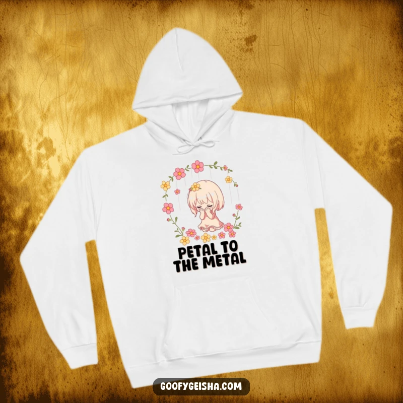 Funny hoodie with a small character dramatically bowing as flowers shower down, offering cozy comfort and a touch of theatrical humor.