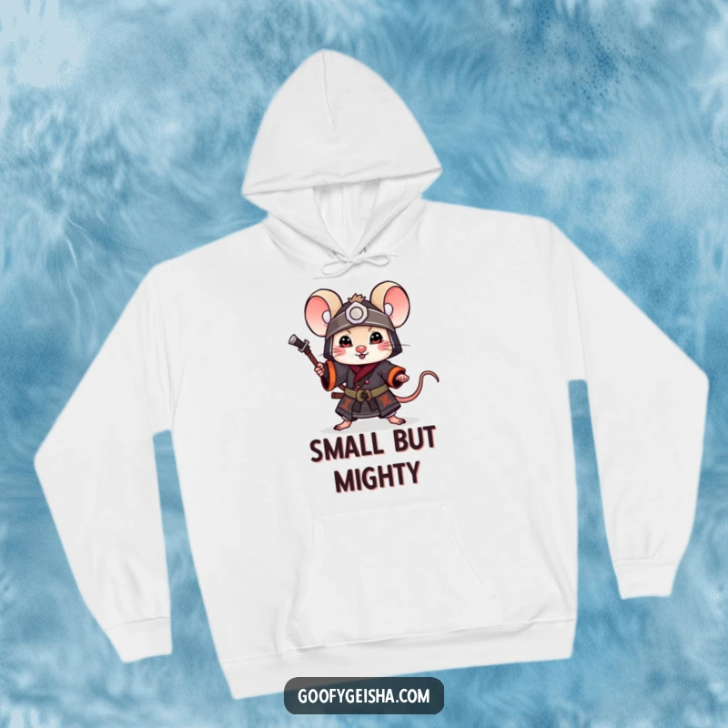 Funny Hoodie: A little mouse dressed as a samurai, striking a playful pose, offering cozy comfort with a courageous and humorous design.