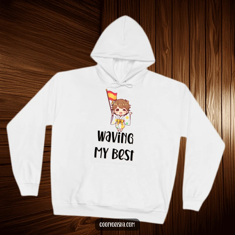 Funny hoodie featuring a character in a kimono excitedly waving a colorful flag, perfect for festive occasions and cozy comfort.