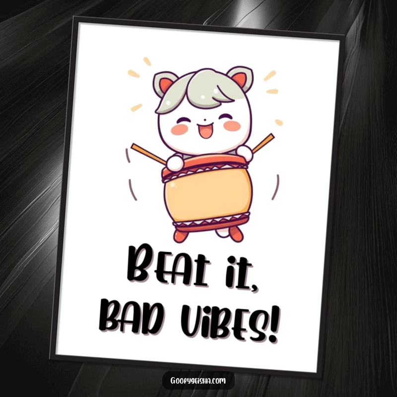 Funny Free Printable Wall Art: A Kawaii character enthusiastically playing a Taiko drum with exaggerated, joyful motions. Downloadable art to print at home.