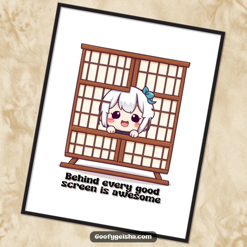 Funny Free Printable Wall Art: Giggling Kawaii character playfully peeks from behind a large Shoji screen, adding whimsical charm.