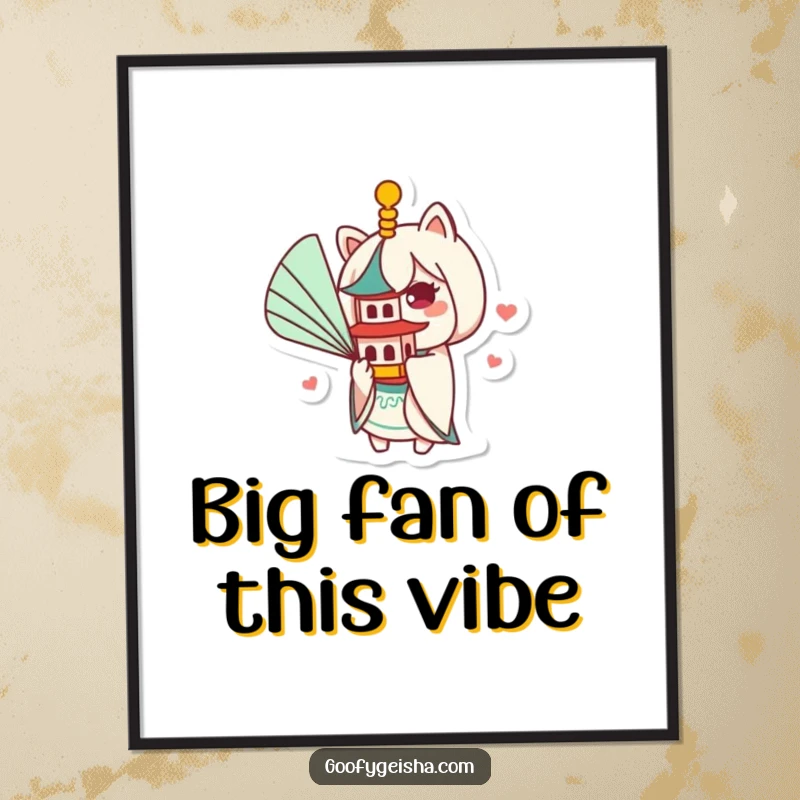 Funny Free Printable Wall Art: Kawaii character playfully fanning a tiny pagoda with a large fan, adding whimsical decor.