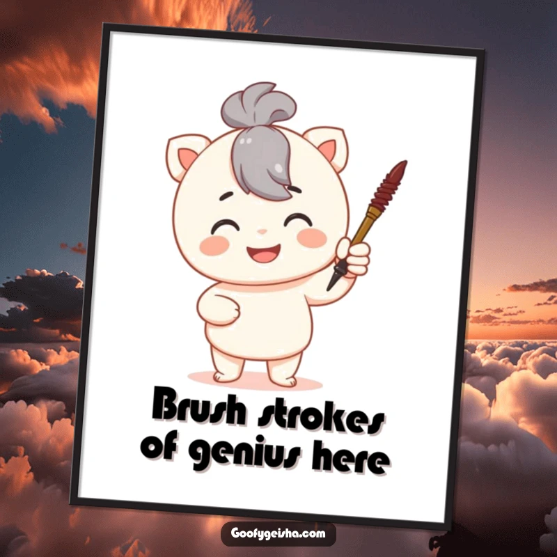 Funny Free Printable Wall Art: Character with a proud smile holding up a tiny calligraphy brush, showcasing artistic talent.