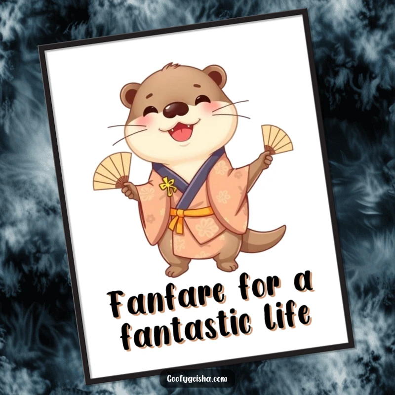 Funny Free Printable Wall Art: A cheerful otter in a kimono, energetically juggling small fans with a big smile.