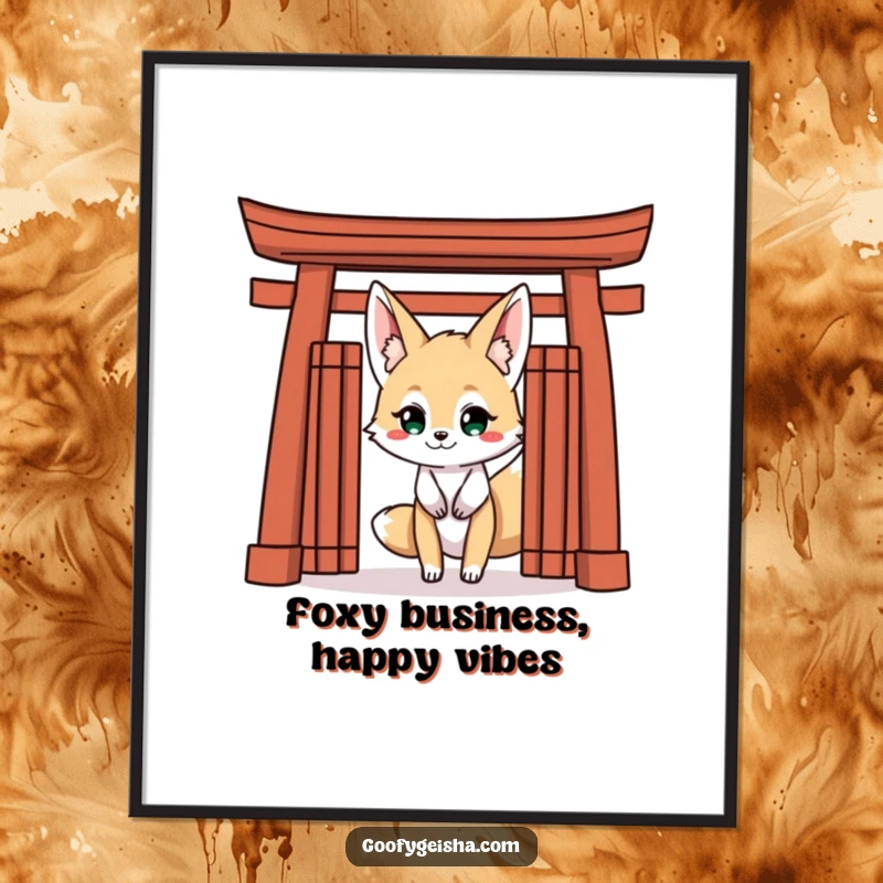 Funny Free Printable Wall Art of a mischievous Kitsune fox peeking from behind a Torii gate, its grin hinting at playful secrets.