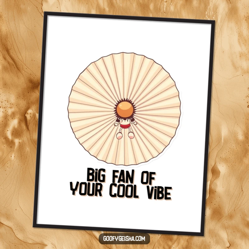 Funny Free Printable Wall Art: Adorable character plays hide-and-seek behind a comically large, beaming fan. Whimsical home decor.