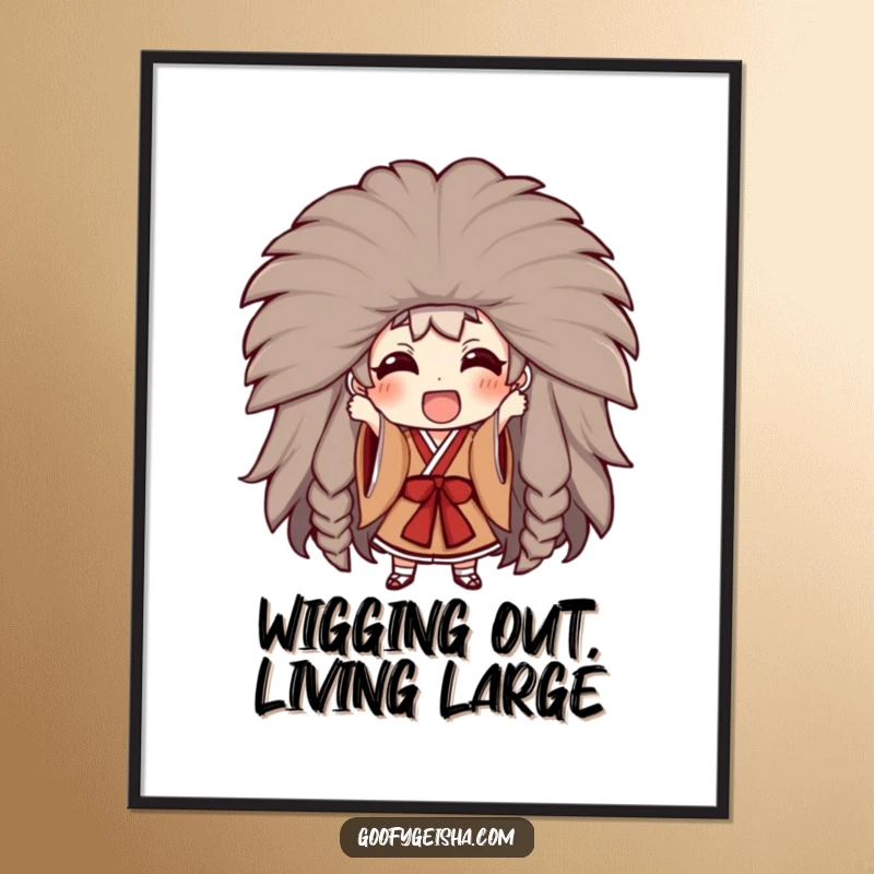 Funny Free Printable Wall Art: A character attempting to wear an oversized, colorful Kabuki wig with immense excitement, downloadable decor.