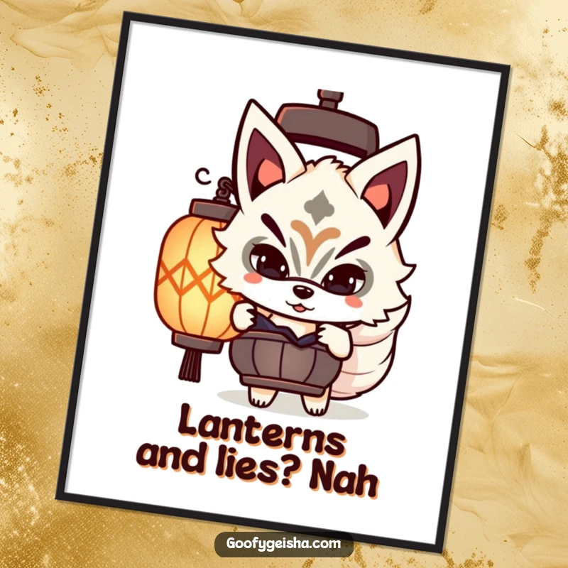 Funny Free Printable Wall Art: A cute Kitsune character peeks out from behind a soft, glowing lantern. Downloadable art to print at home.