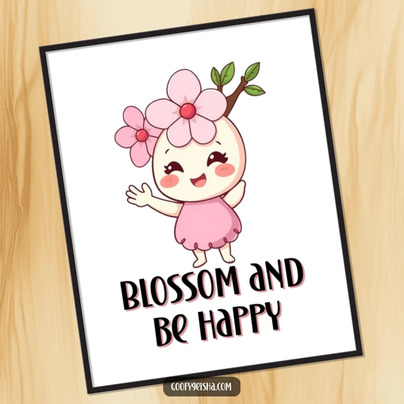 Funny Free Printable Wall Art: a smiling cherry blossom character with small arms waving a cheerful hello.