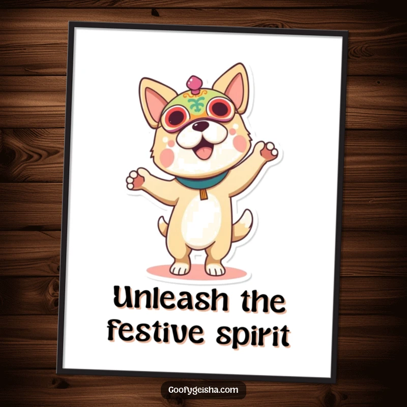 Funny Free Printable Wall Art: A joyful dog in a colorful festival mask, captured mid-dance, radiating pure party spirit.