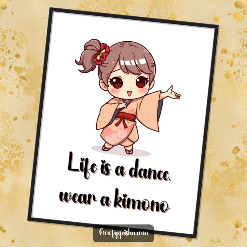 Funny Free Printable Wall Art: A character in an elaborate kimono performing a comical, exaggerated dance pose with great enthusiasm.