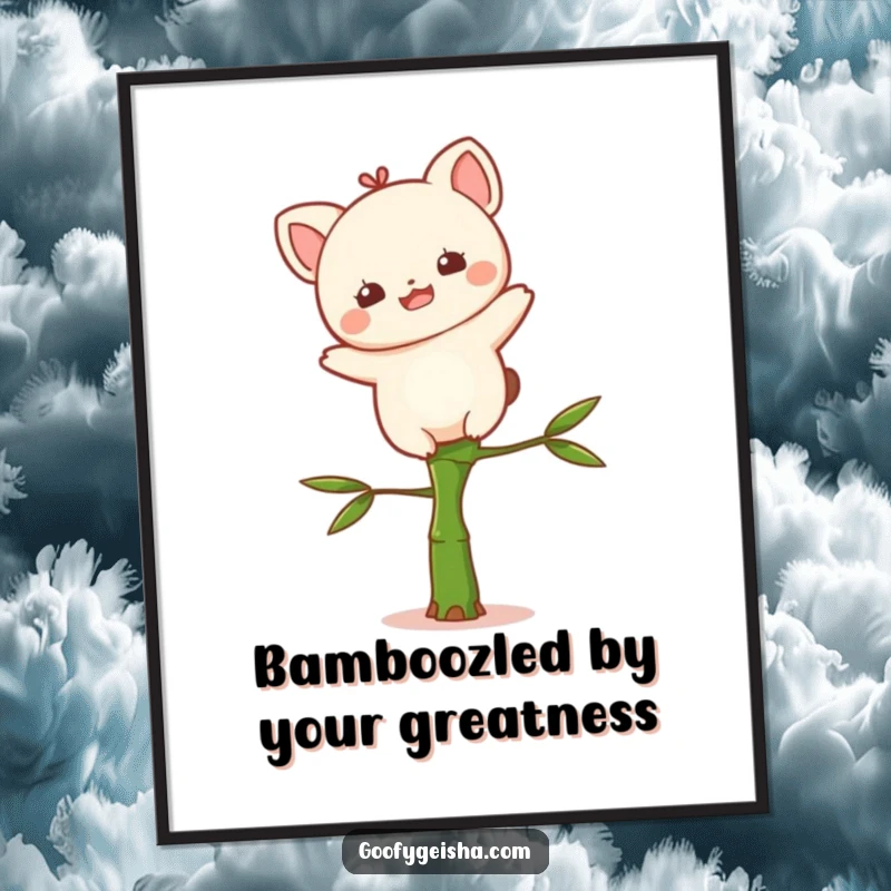 Funny Free Printable Wall Art: Delighted Kawaii character balances precariously on a tiny bamboo stalk, whimsical downloadable art.