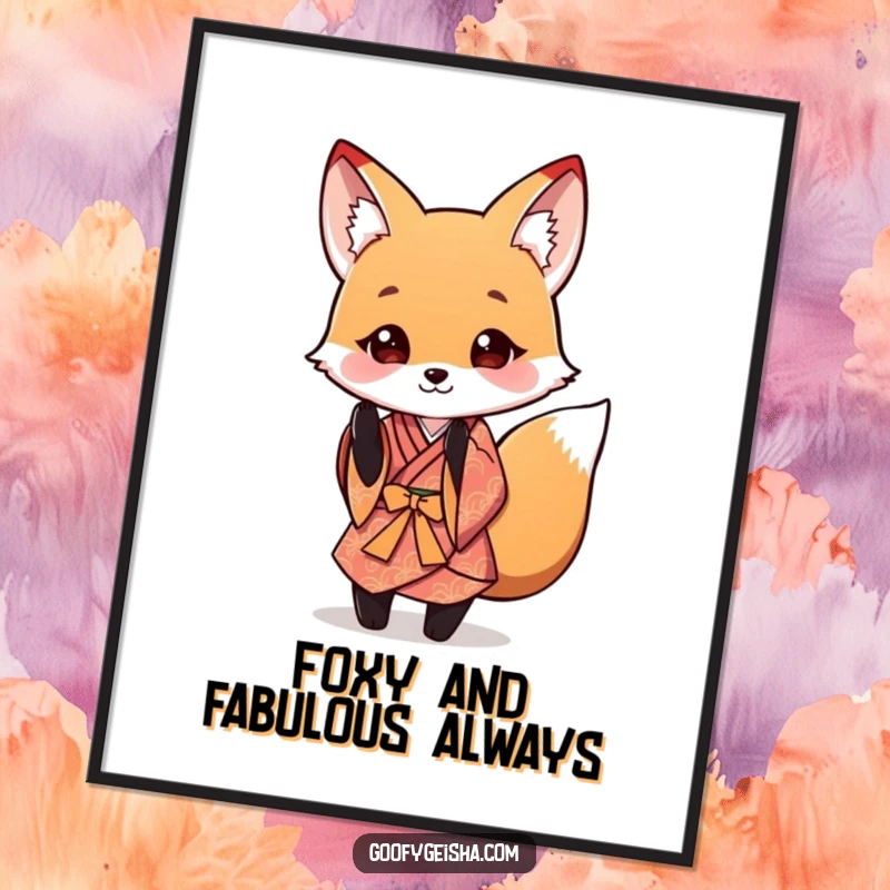 Funny Free Printable Wall Art featuring a cute fox in a small kimono performing a stylish and playful bow.