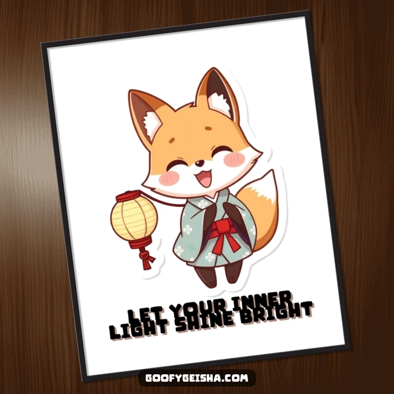 Funny Free Printable Wall Art: Energetic fox in yukata, holding a glowing paper lantern, radiating joy.