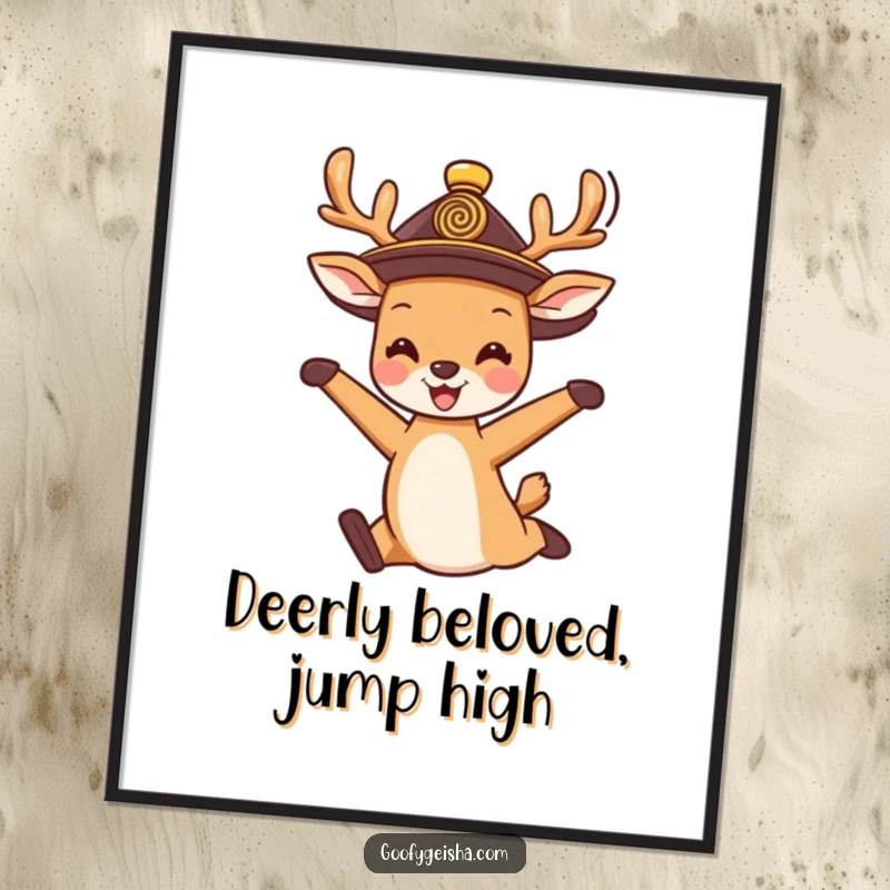 Funny Free Printable Wall Art: A cute deer in a traditional hat performing a happy jump, bringing joyful and lively downloadable decor.