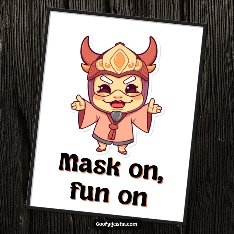 Funny Free Printable Wall Art: Delighted character wearing a traditional mask and striking a wonderfully silly, humorous pose.