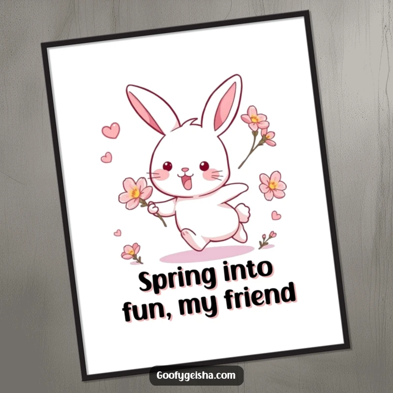 Funny Free Printable Wall Art: A dynamic rabbit playfully chasing a delicate blossom, creating an energetic and cheerful scene.