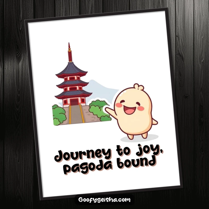 Funny Free Printable Wall Art: A grinning Kawaii character excitedly points towards a distant pagoda, offering a sense of adventure.