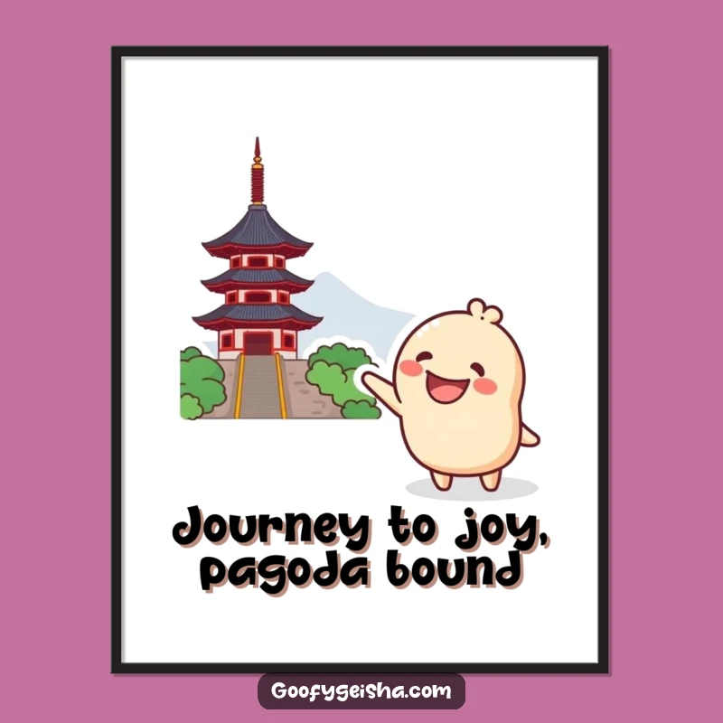 Funny Free Printable Wall Art: Grinning Kawaii Character Points to Pagoda - Quirky Downloadable Decor