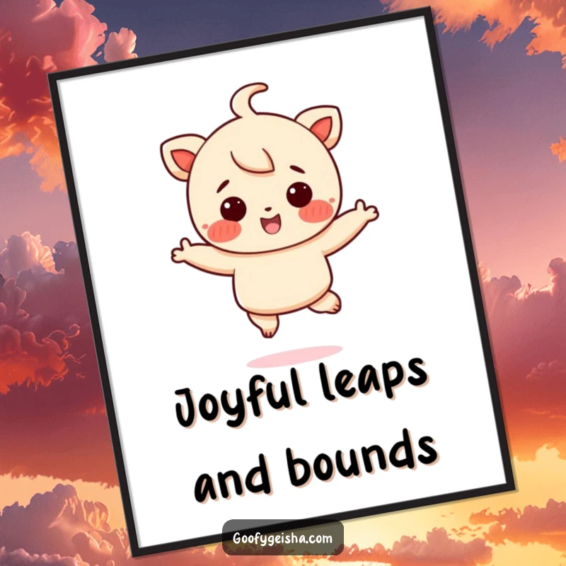 Funny Free Printable Wall Art: Small character with rosy cheeks jumps with pure joy. Uplifting downloadable decor.