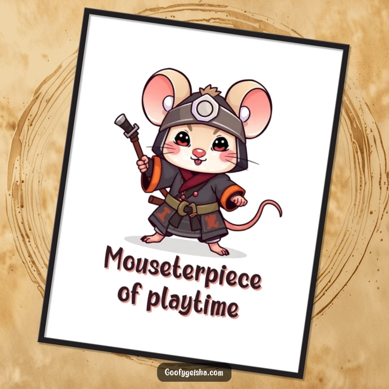 Funny Free Printable Wall Art: A little mouse dressed as a samurai, striking a playful pose, ready for downloadable adventure.