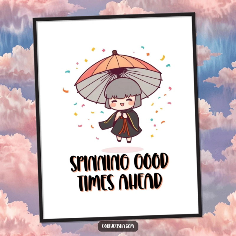 Funny Free Printable Wall Art: A stylized Japanese umbrella character in mid-spin, unleashing a colorful confetti storm. Downloadable art!