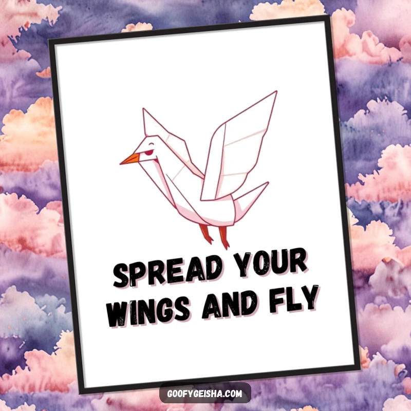 Funny Free Printable Wall Art of a cute origami crane character joyfully flapping its wings mid-air, adding a whimsical touch.