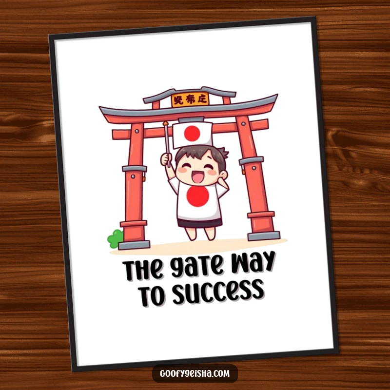 Funny Free Printable Wall Art: A lively Torii gate character excitedly waving a tiny Japanese flag, symbolizing celebration and joy.