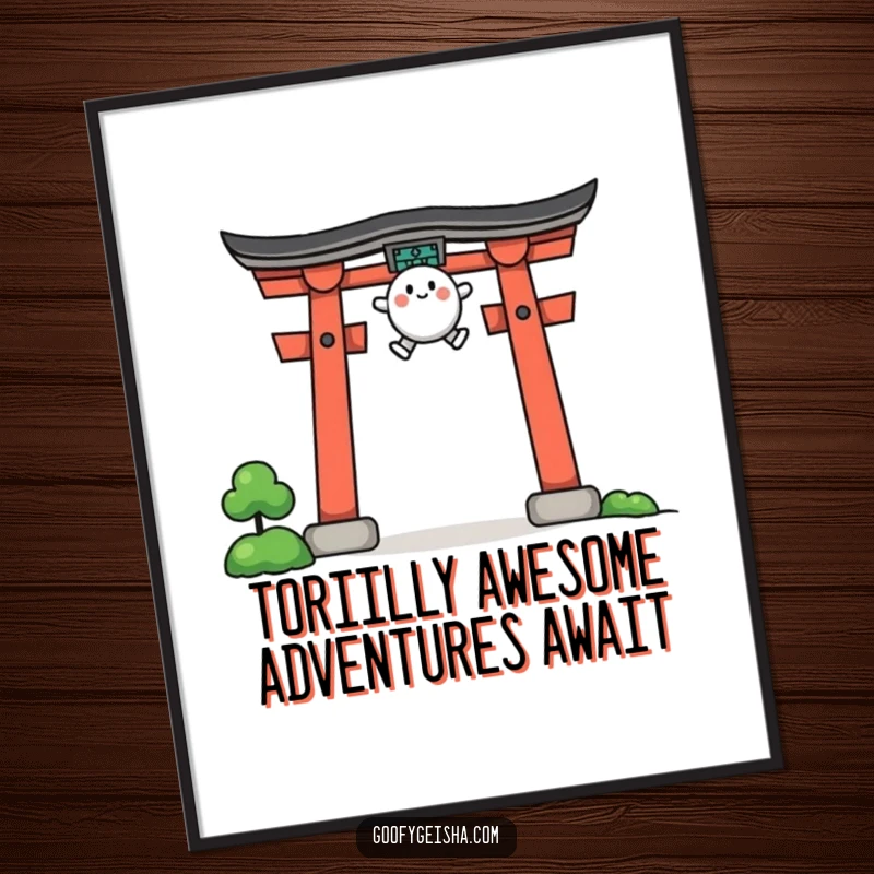 Funny Free Printable Wall Art: A small, cute character captured mid-jump over a red, stylized torii gate, conveying excitement.