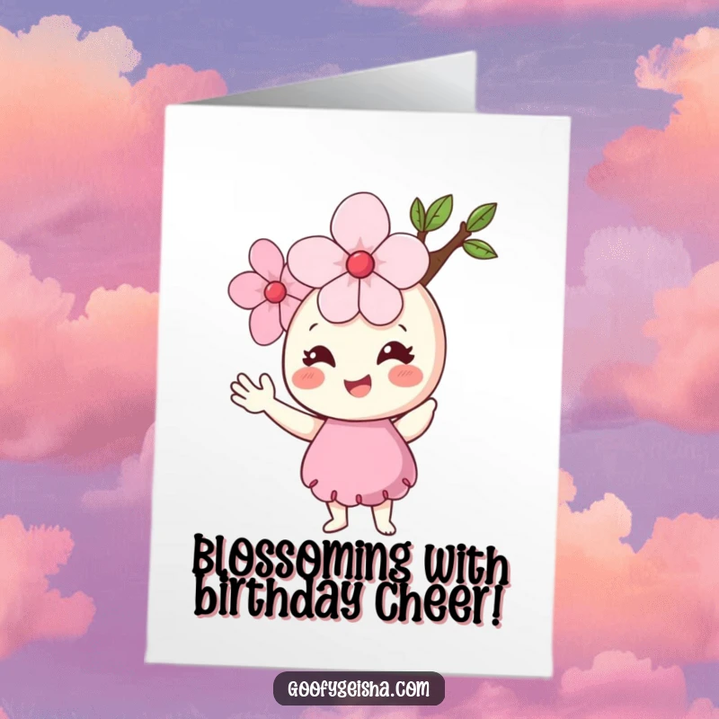 Funny Free Printable Birthday Card: smiling cherry blossom character waving hello with tiny arms cheerfully.