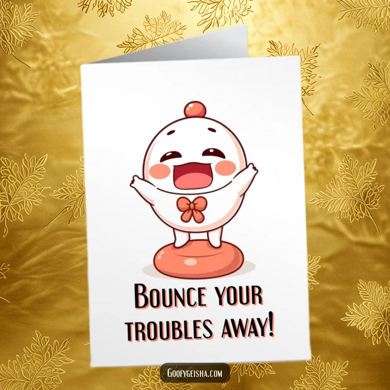 Funny Free Printable Birthday Card: A tiny Daruma doll joyfully bouncing on its base, spreading birthday cheer.