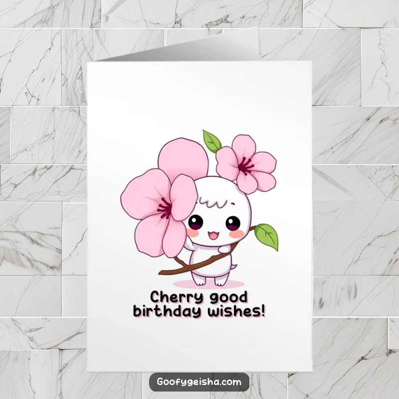 Funny Free Printable Birthday Card: Mischievous Kawaii character taps a giant cherry blossom petal, playful downloadable art.