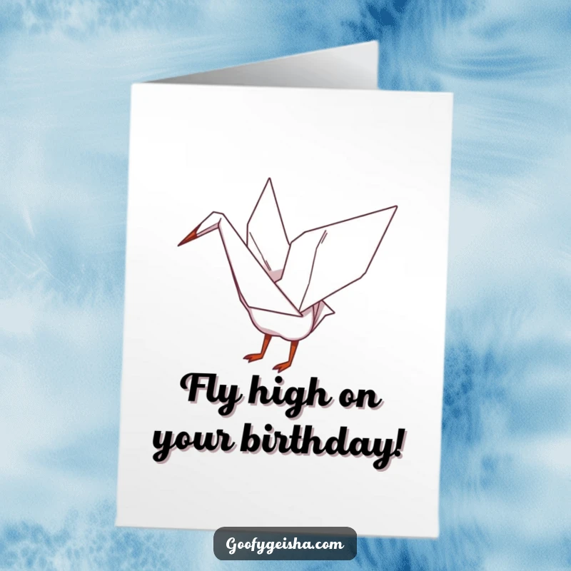 Funny Free Printable Birthday Card: Whimsical origami crane character playfully flapping its wings, celebrating a joyful birthday.