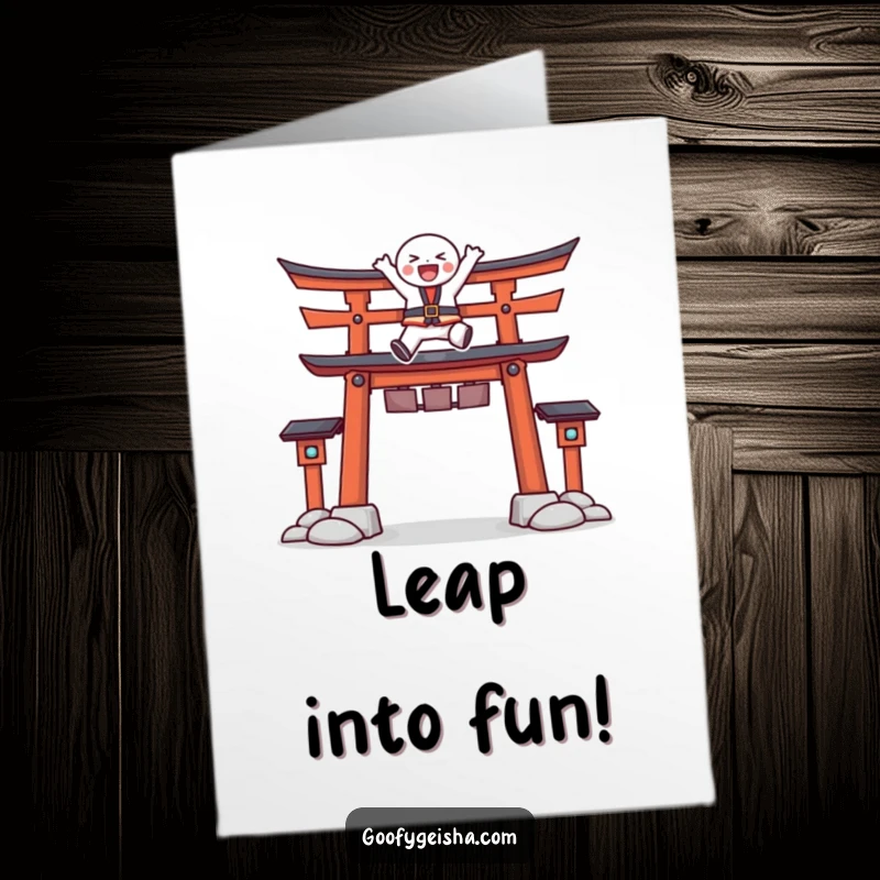 Funny Free Printable Birthday Card: Character joyfully leaps high over a stylized Torii gate, full of boundless energy. Great gift.