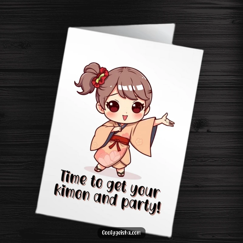 Funny Free Printable Birthday Card: Character in a colorful, whimsical kimono striking a wildly exaggerated, high-energy dance pose.