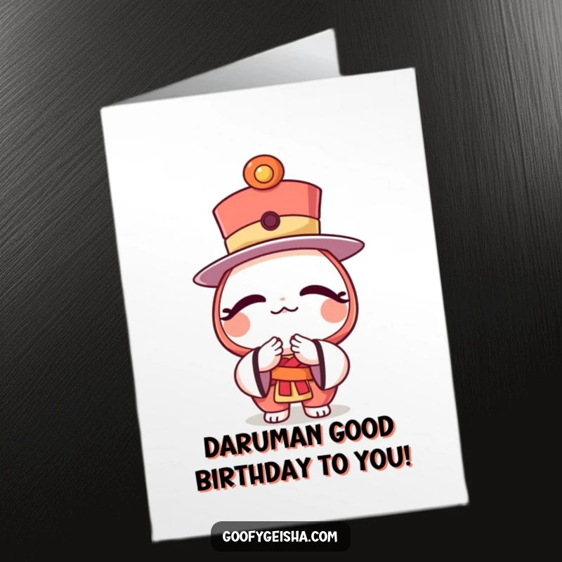 Funny Free Printable Birthday Card: A character in a formal suit bows politely, wearing a daruma doll as a stylish top hat.