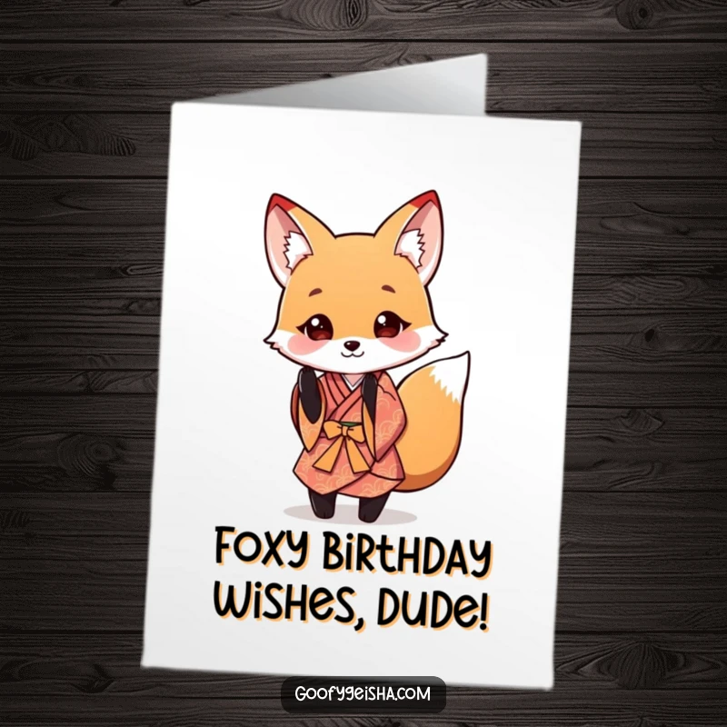 Funny Free Printable Birthday Card: a cute fox in a tiny kimono performing a polite and playful bow.
