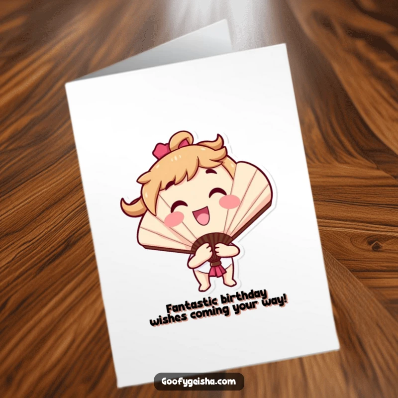 Funny Free Printable Birthday Card featuring a smiling fan character joyfully opening and closing with a celebratory flourish.