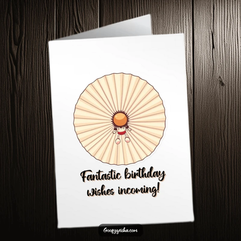Funny Free Printable Birthday Card feat. a tiny character peeking playfully from behind a massive, grinning fan. Perfect for laughs.