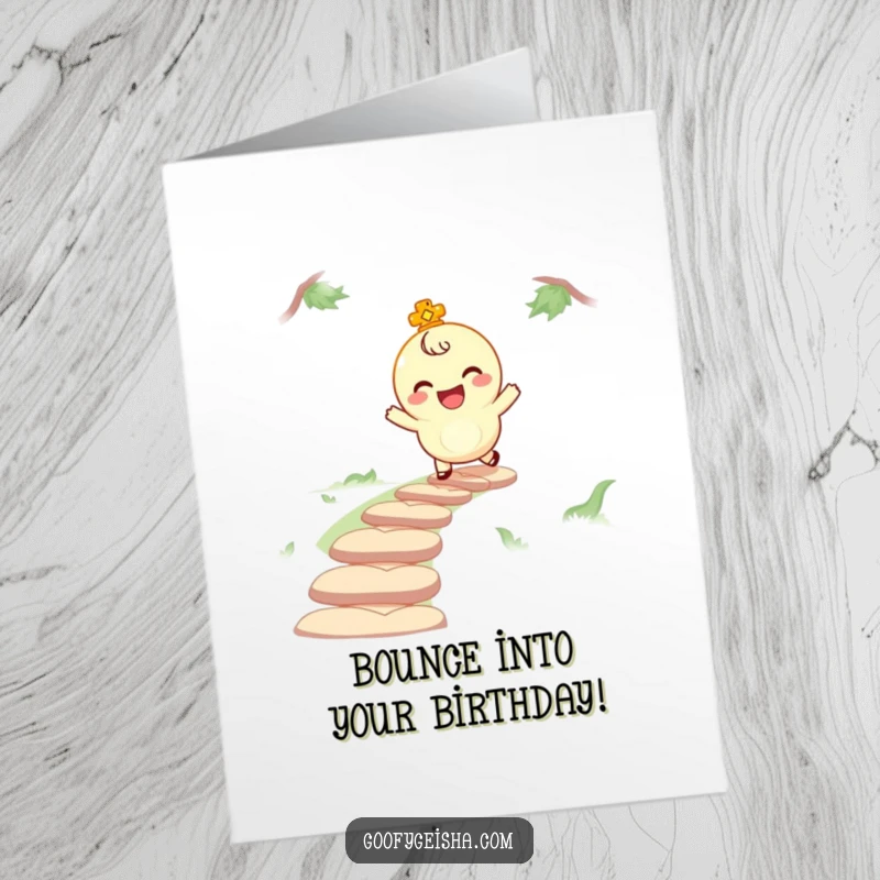 Funny Free Printable Birthday Card showing a giggling lucky charm character happily bouncing along a winding path with infectious joy.