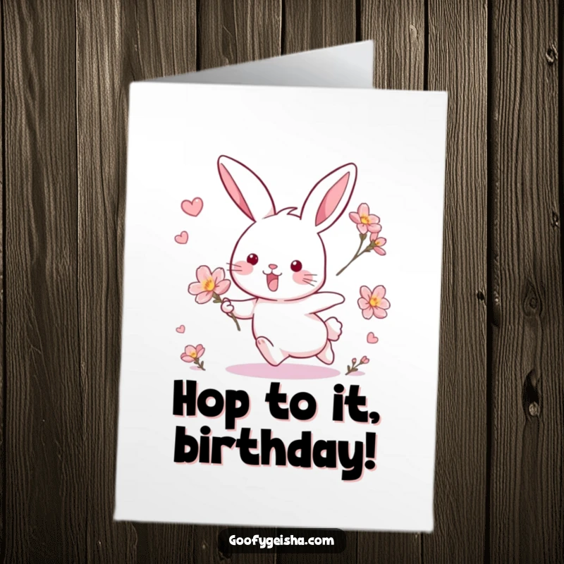 Funny Free Printable Birthday Card: Energetic rabbit playfully chasing a floating blossom, capturing pure joy and birthday cheer.