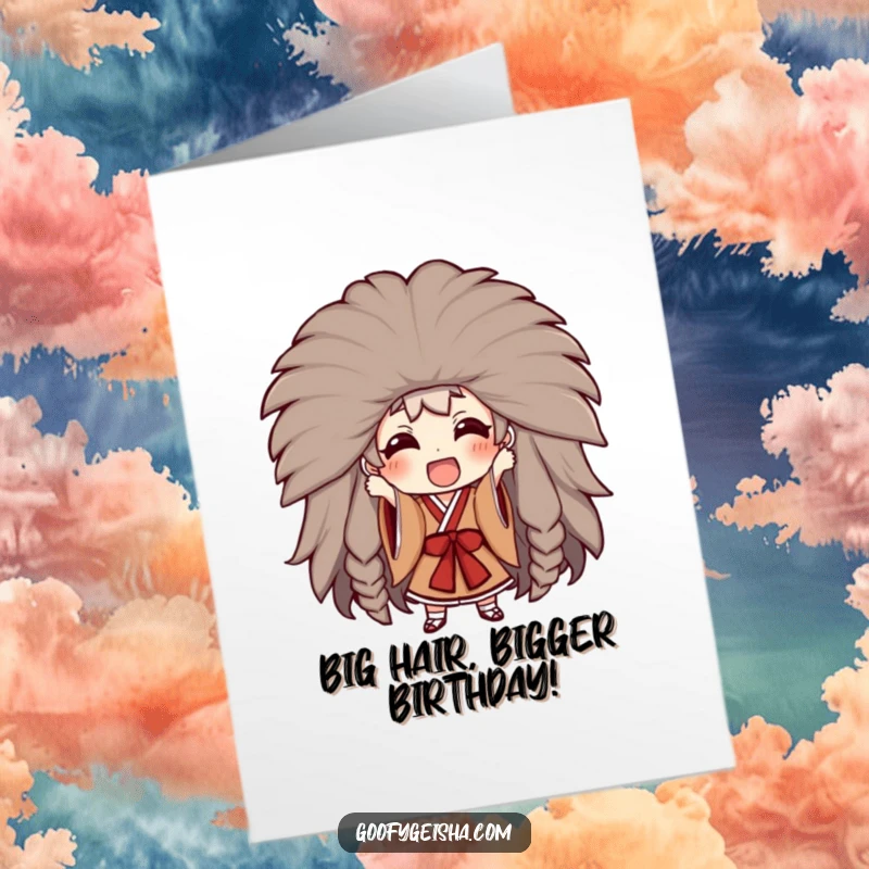 Funny Free Printable Birthday Card: A character attempting to put on a gigantic, ornate Kabuki wig with excitement, downloadable gift.